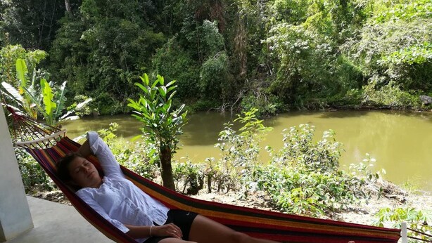 A person relaxing in a hammock on a balcony with a view of a river and dense greenery. - Vini Villa (Deniyaya)