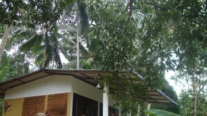 A small, single-story building with a porch, surrounded by lush greenery and tall trees. - Vini Villa (Deniyaya)