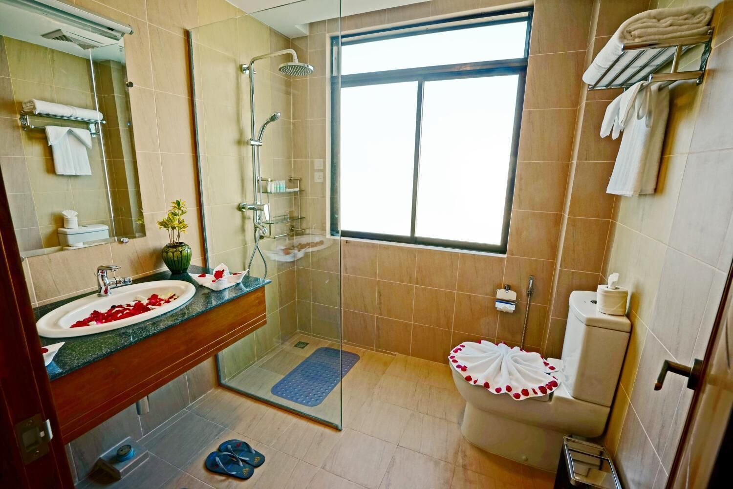 shower, rainfall showerhead, free toiletries, hair dryer