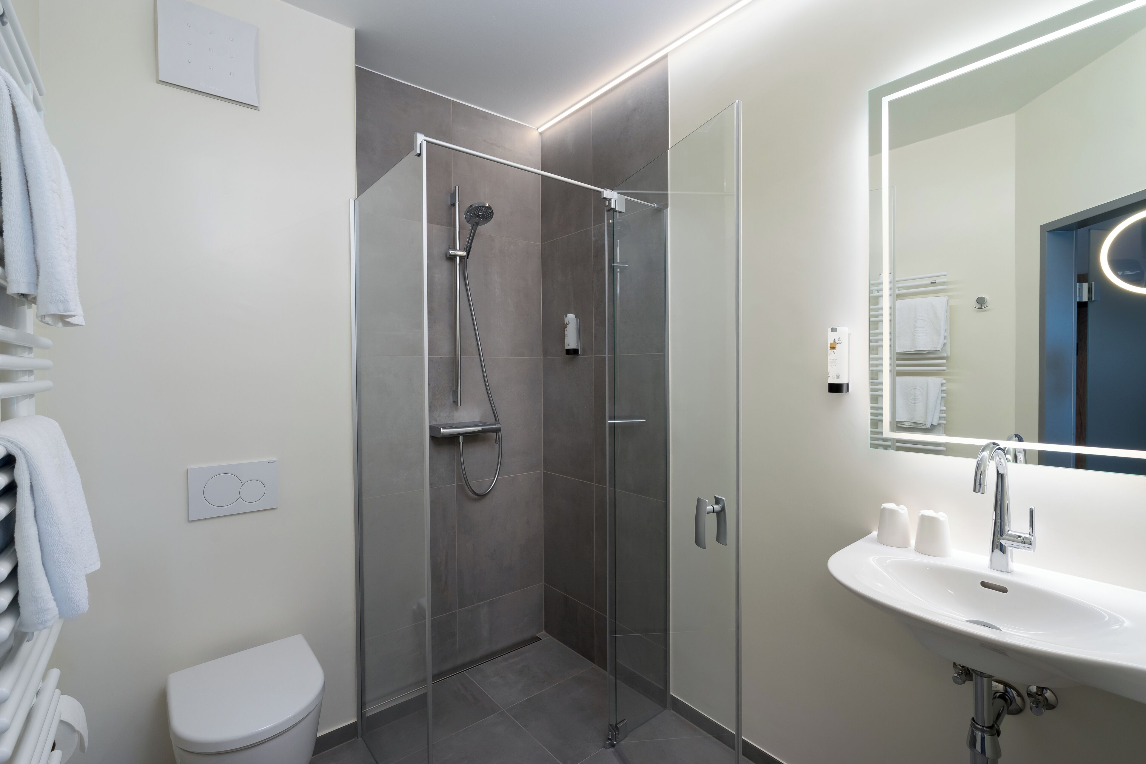 A modern bathroom with a glass-enclosed shower, a white sink, and a toilet.