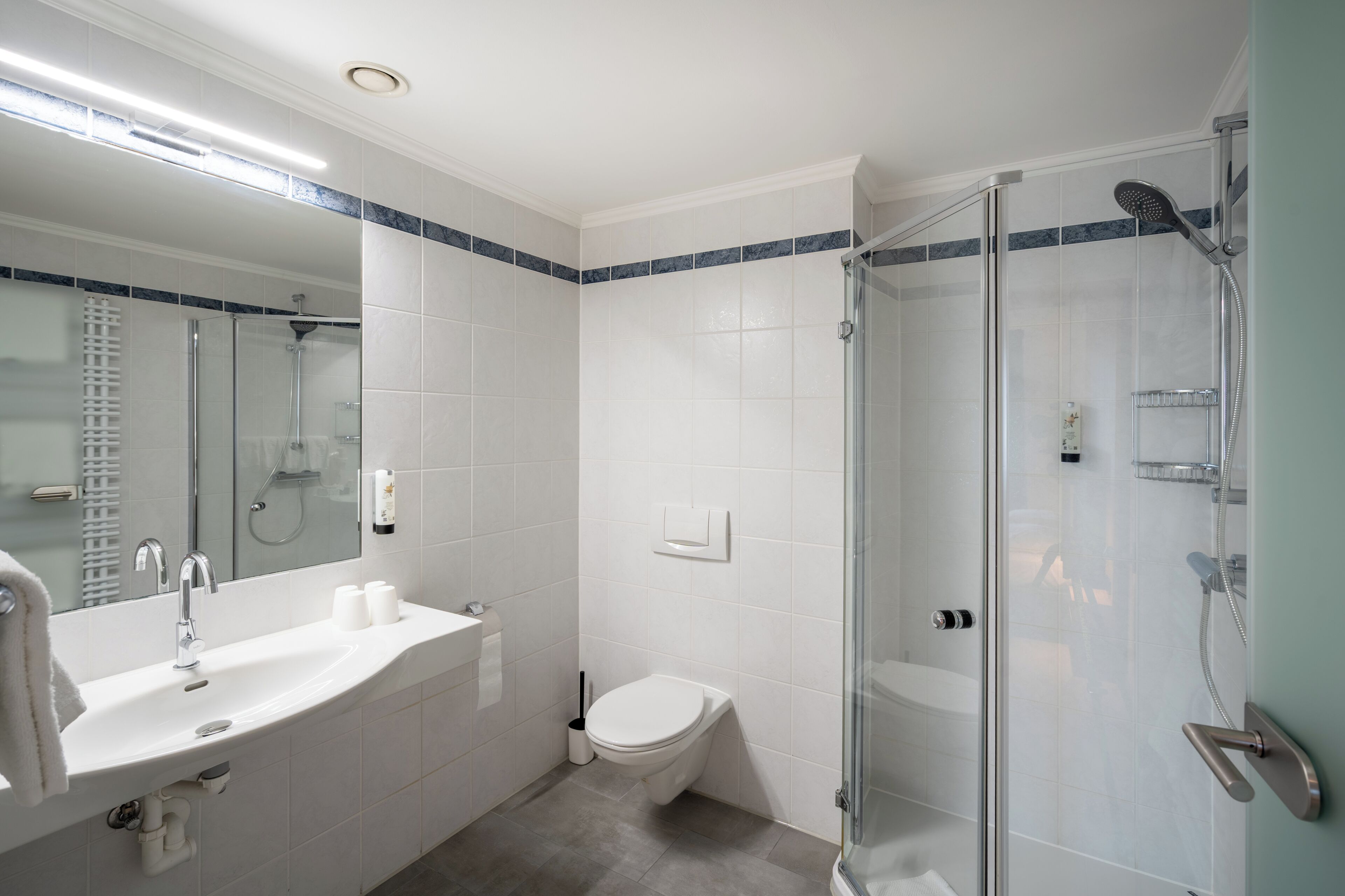Ein modernes Badezimmer mit einer Glaskabine zur Dusche, einem weißen Waschbecken und einer Toilette.