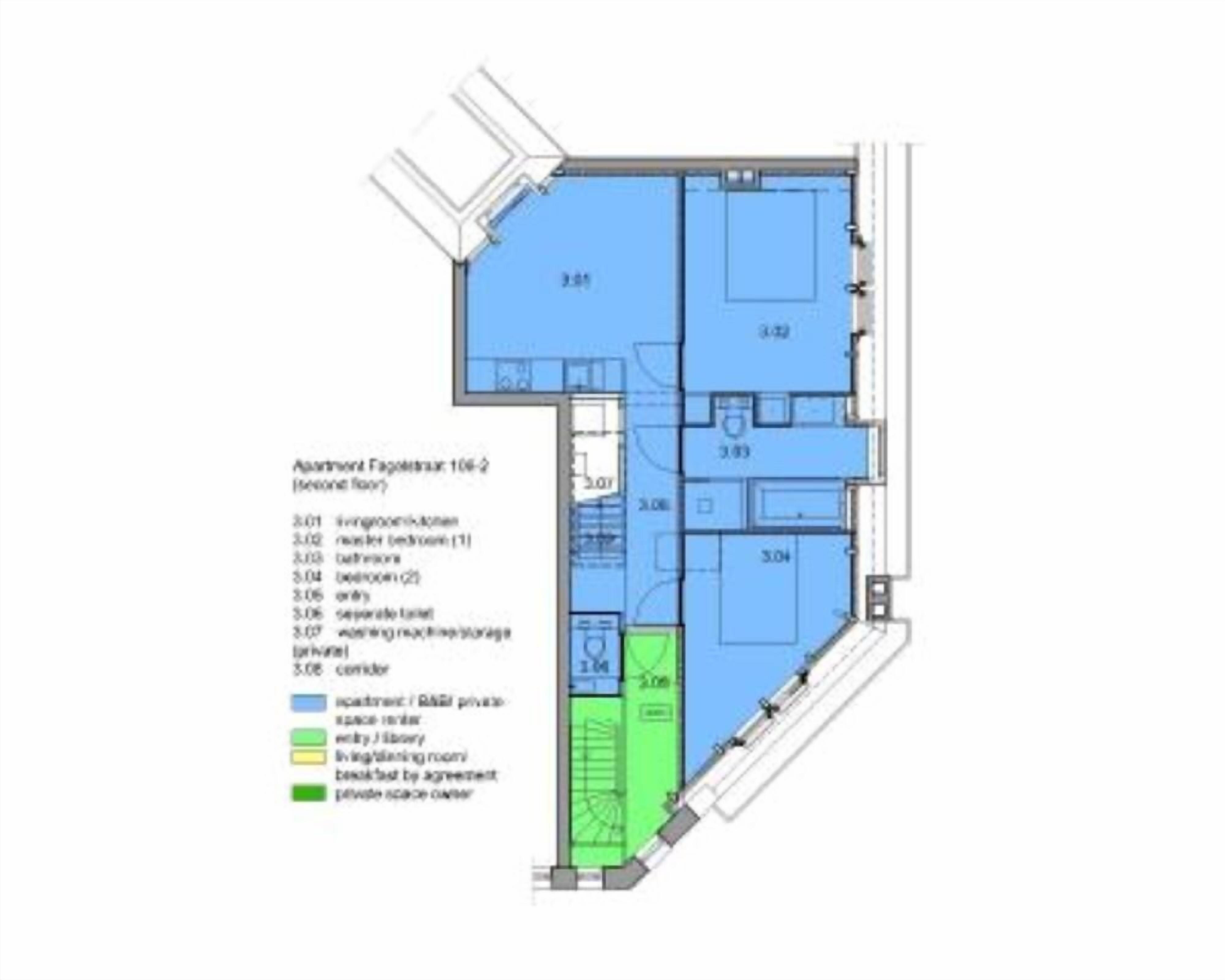 Un plan d’étage d’un appartement de deux chambres, comprenant un salon, une cuisine et une salle de bain.