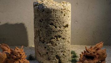 Un pilar de piedra texturizado con superficie rugosa y agujeros, rodeado de pequeños detalles decorativos.
