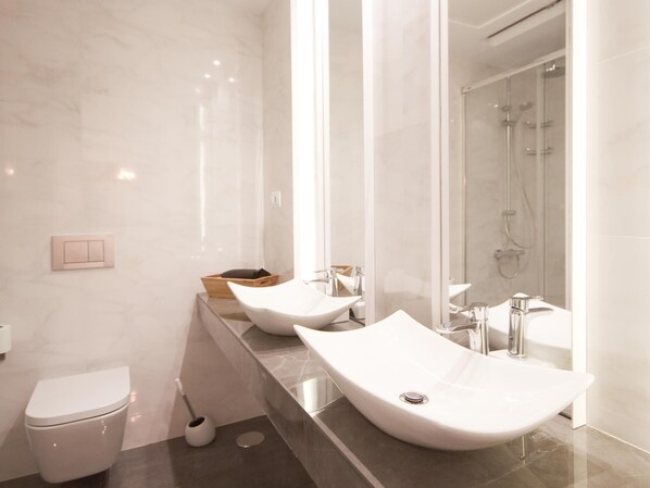 Douche, séchoir à cheveux, peignoirs, serviettes fournies