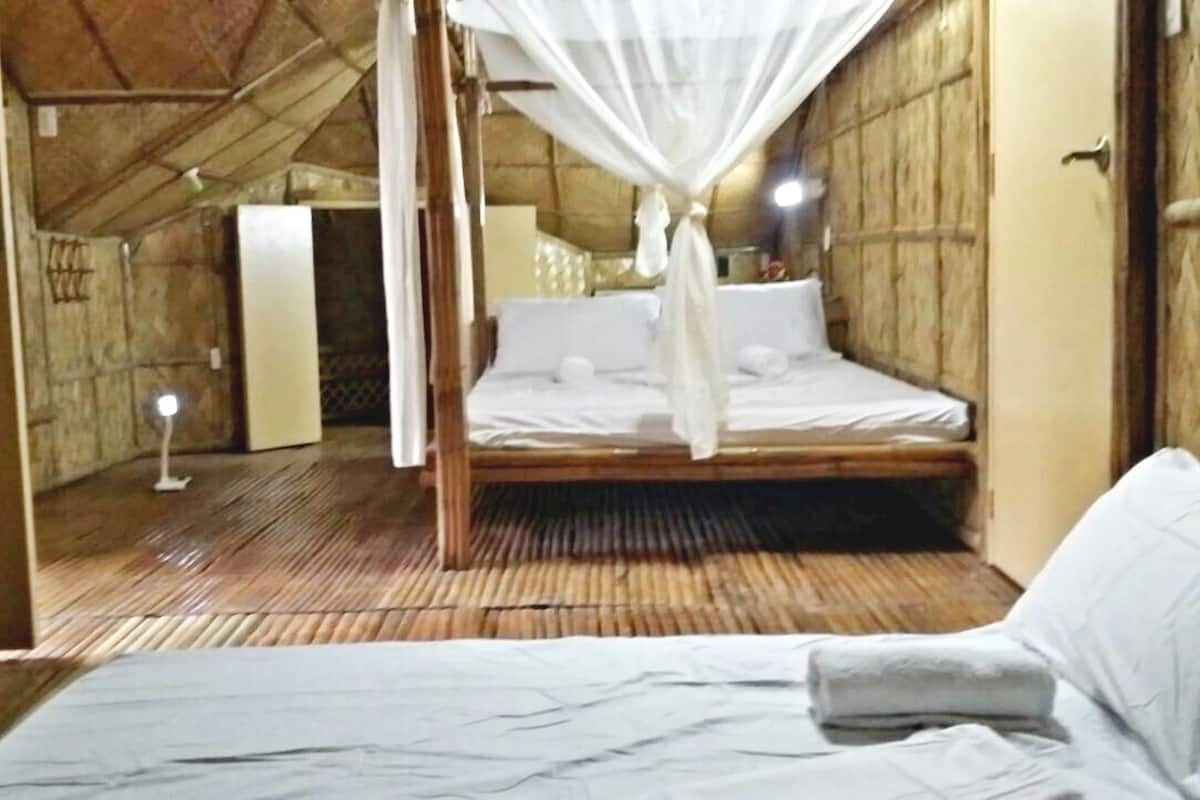 A room with a bed under a canopy, a wooden floor, and a door leading to another room.