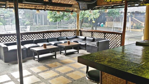 A covered outdoor seating area with a thatched roof, a wooden table, and a bar counter. - V House (San Pablo)