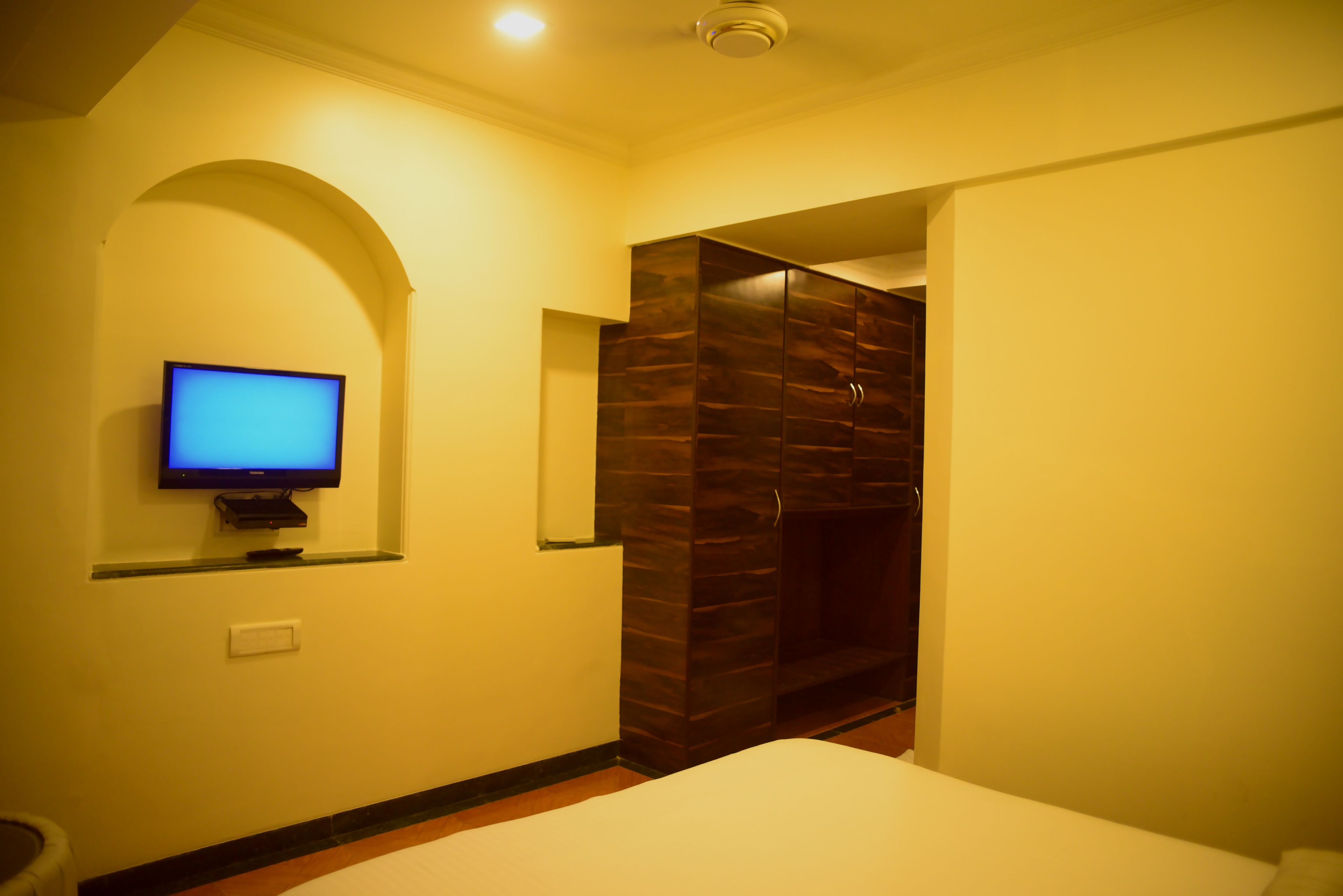 Una habitación de hotel con una cama, un televisor en un mueble bajo y un armario.