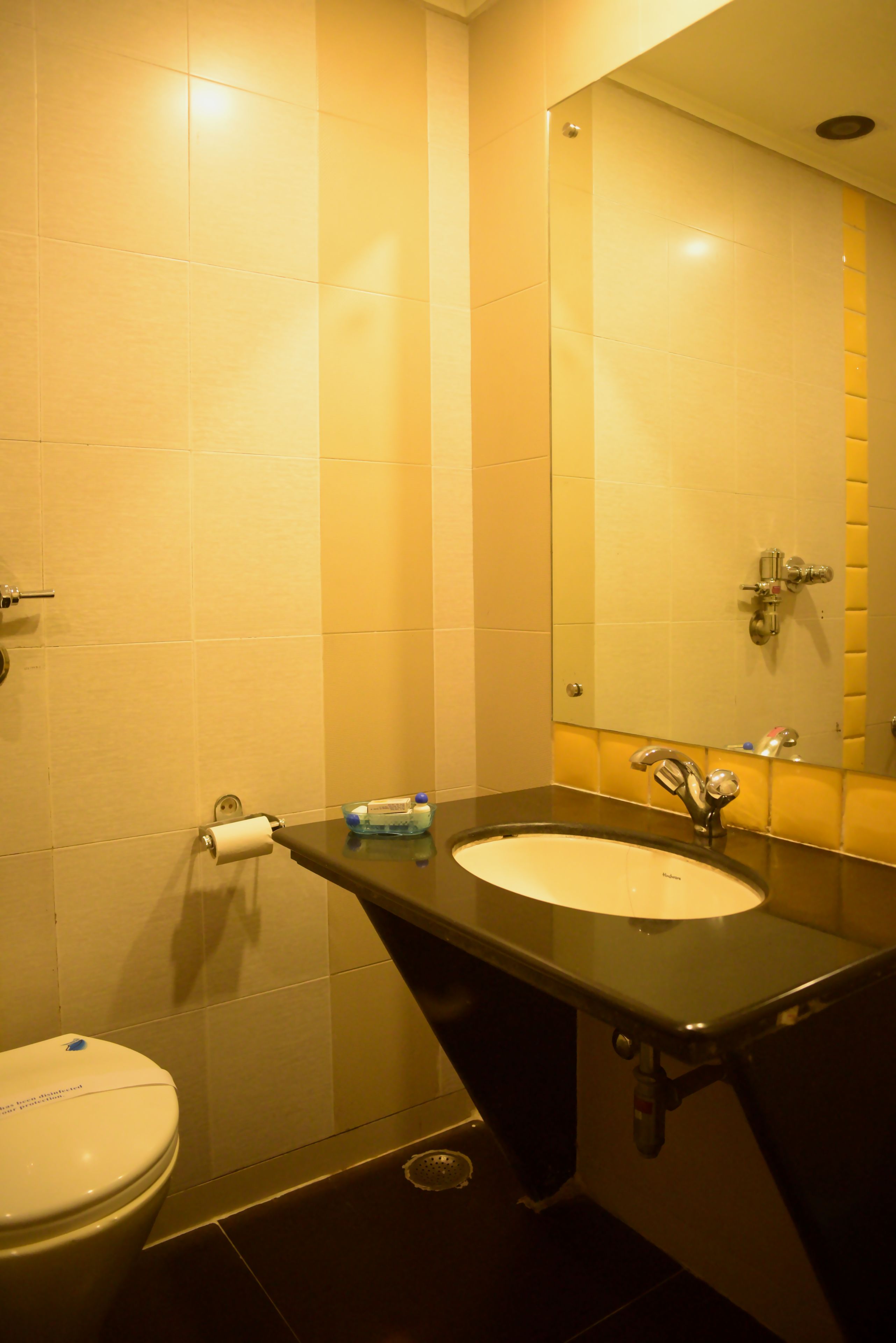 A bathroom with a white toilet, a sink with a mirror above it, and a roll of toilet paper on the wall.