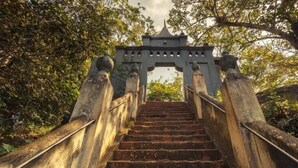 Un escalier menant à une porte d’entrée traditionnelle, le tout entouré d’une végétation luxuriante.