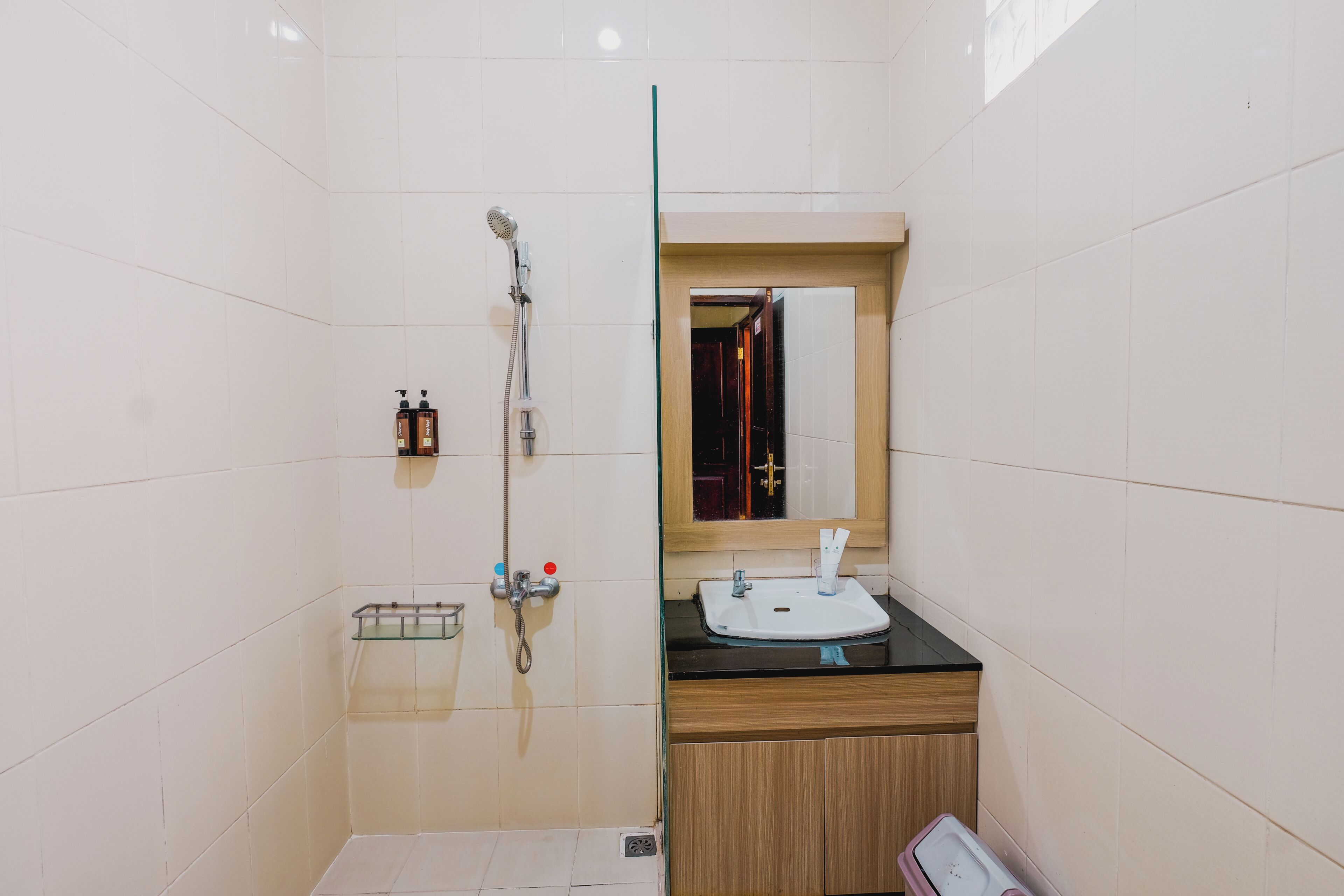 A bathroom with a shower, a sink, and a mirror.