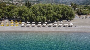 An aerial view of a beach with rows of sun loungers and umbrellas, clear turquoise water, and a backdrop of trees and buildings. - Ada Pansiyon Datca (Datça)