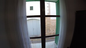 Una ventana con vistas a un patio, una puerta blanca y un persiano verde.