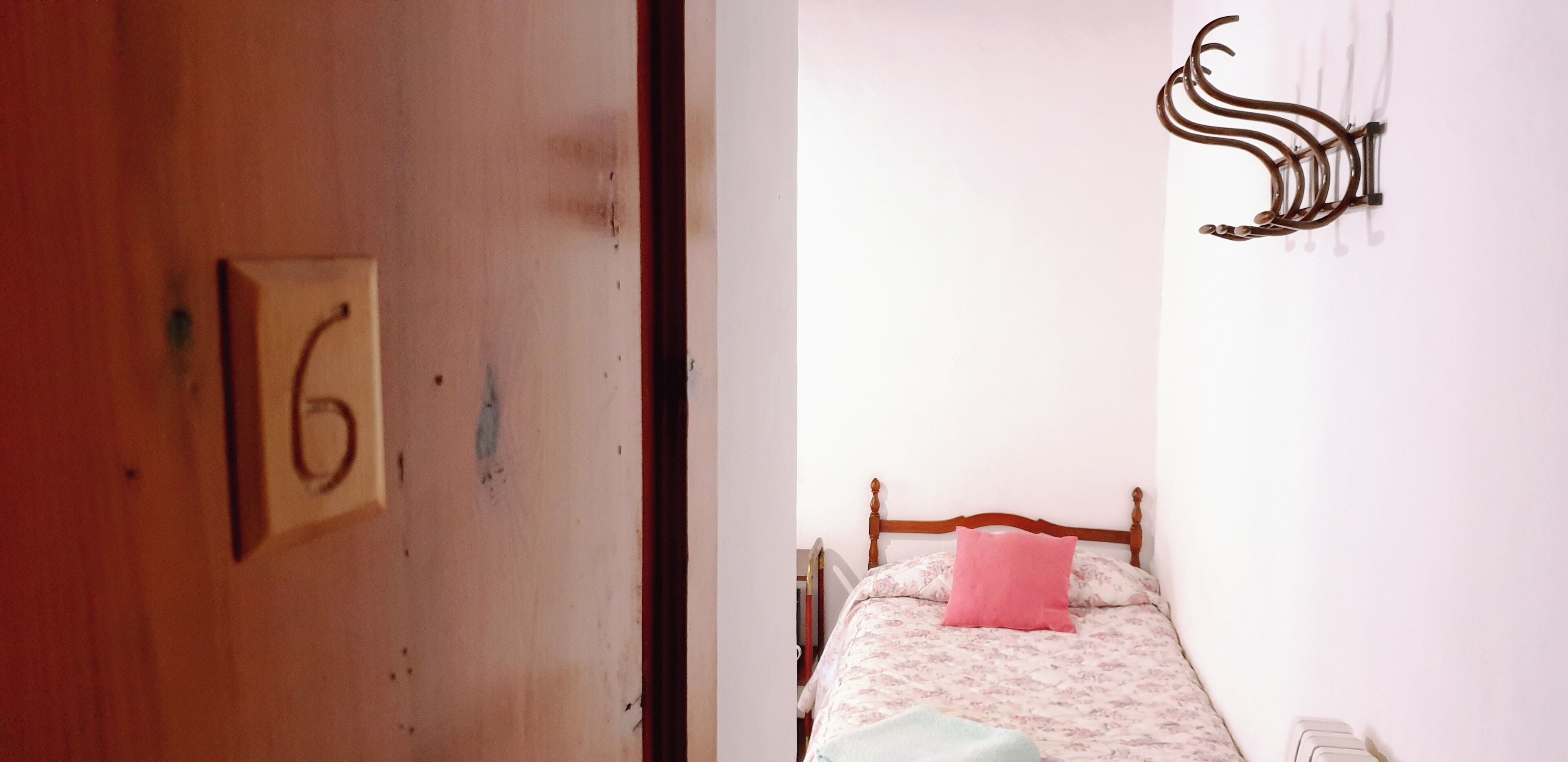 A room with a wooden door marked with the number 16, a bed with a floral bedspread and a pink pillow, and a wall-mounted metal artwork.