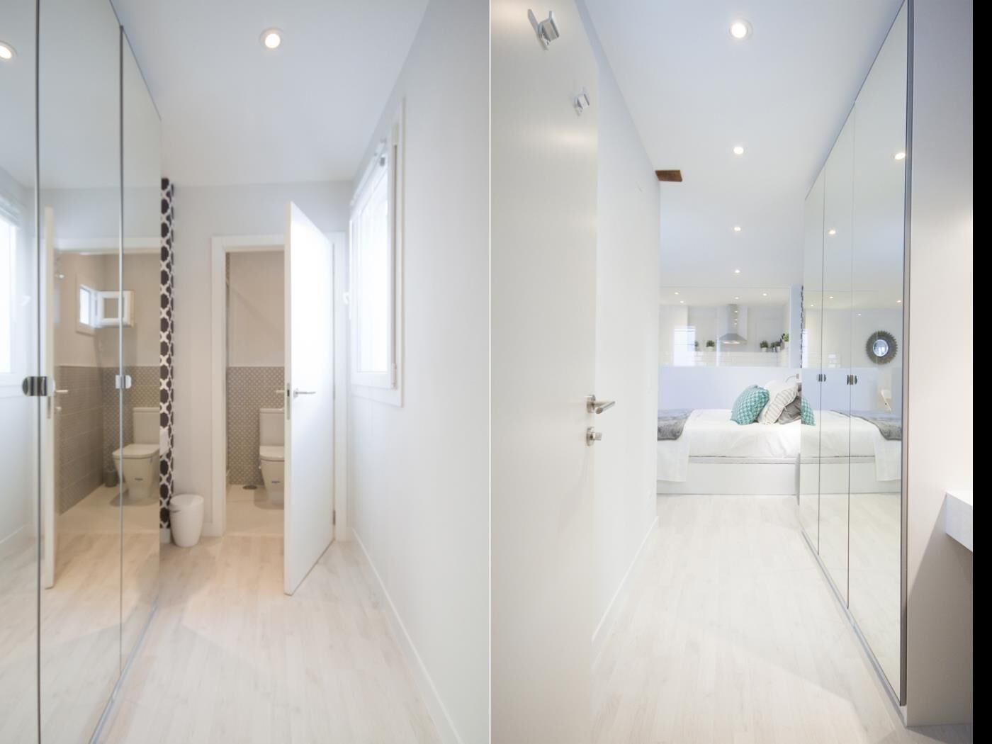Une chambre moderne avec une cloison en verre, un lit blanc et une salle de bain ouverte avec des toilettes et une douche.