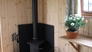 A wooden interior with a black wood stove, a potted plant with white flowers, and a window with curtains. - Marshwood Farm B&B (Salisbury)