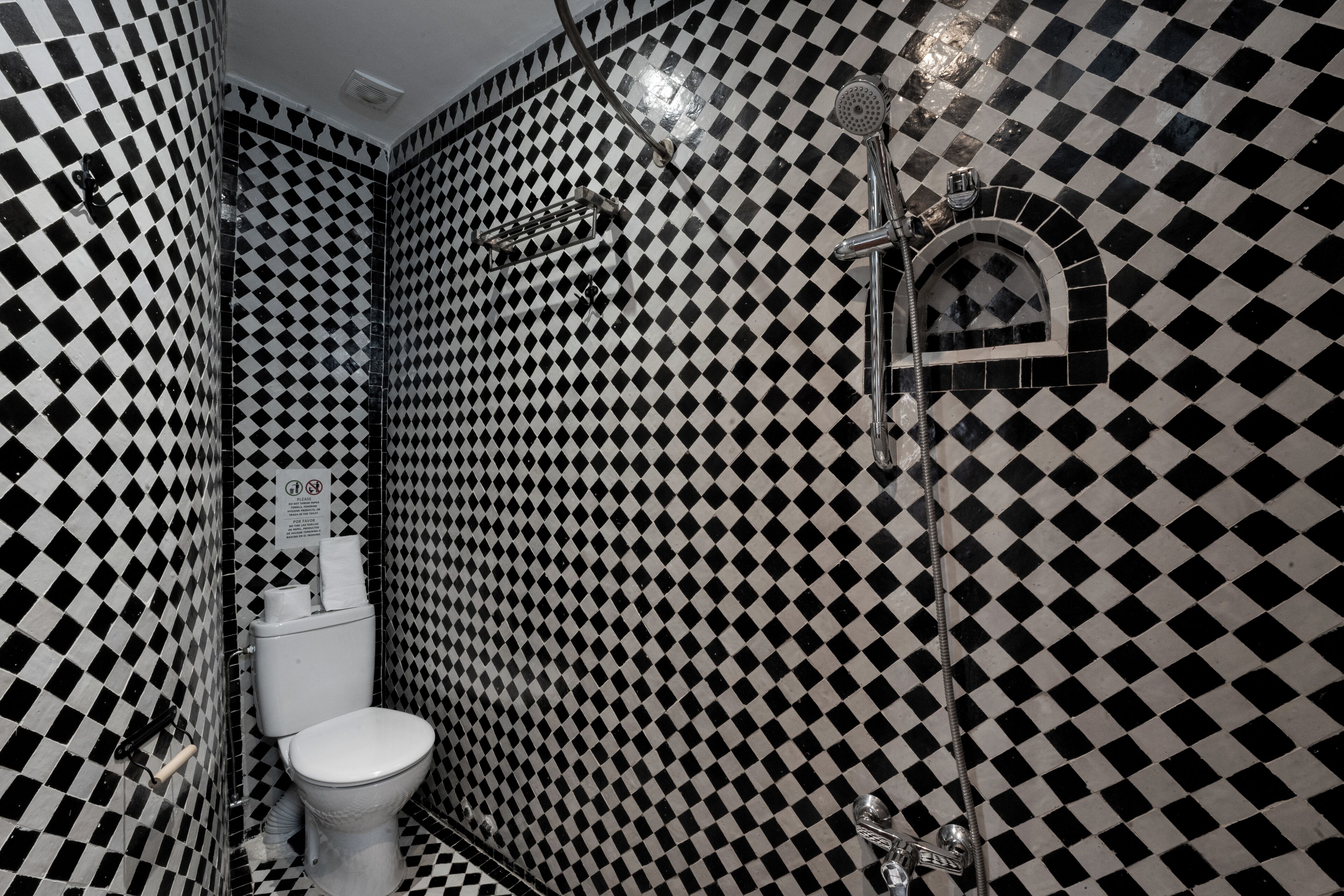 A bathroom with a checkered black and white tile pattern, a white toilet, and a shower with a curved design.