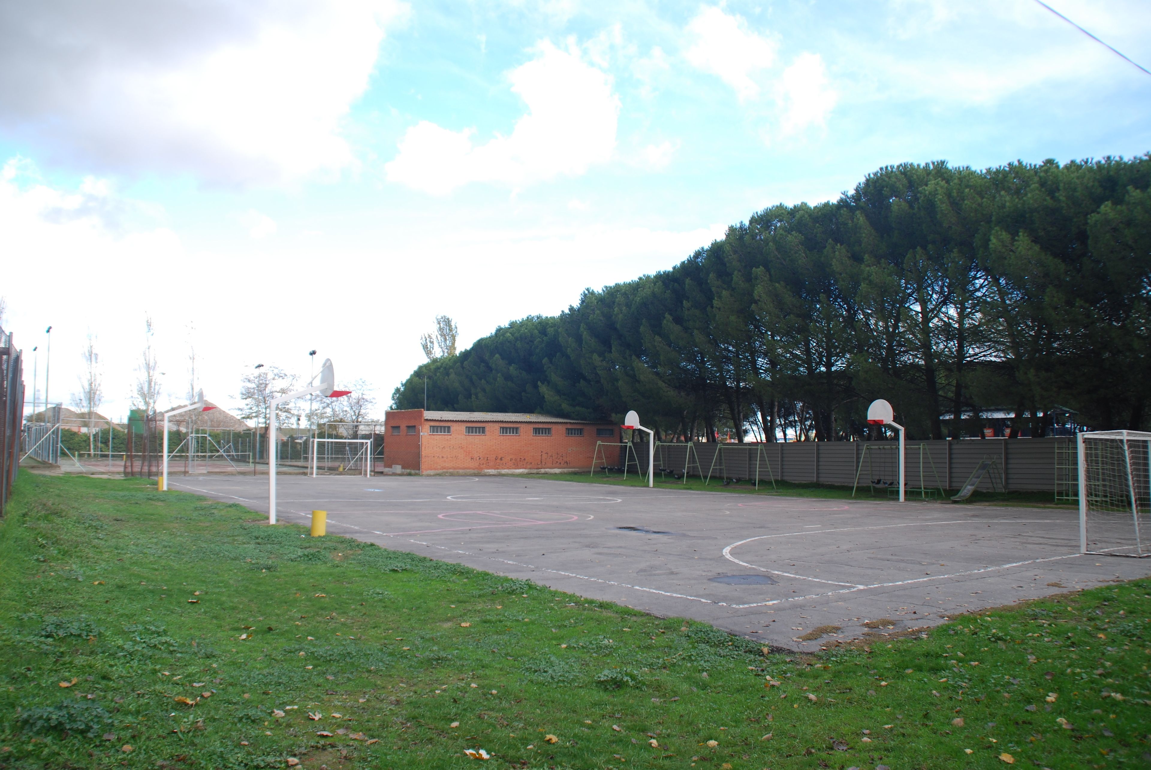 An outdoor basketball court with a goal, surrounded by a grassy area and a forested hill.