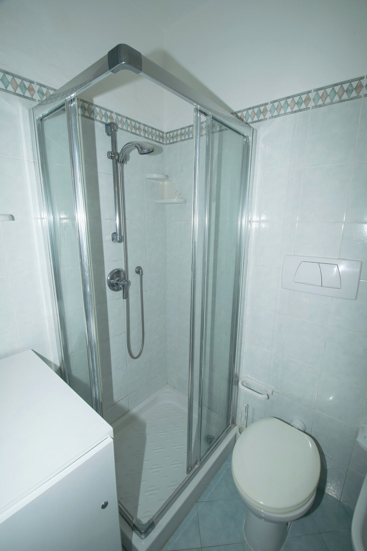 Eine begehbare Glasdusche mit Duschbrause, Toilette und ein weißes Waschbecken.