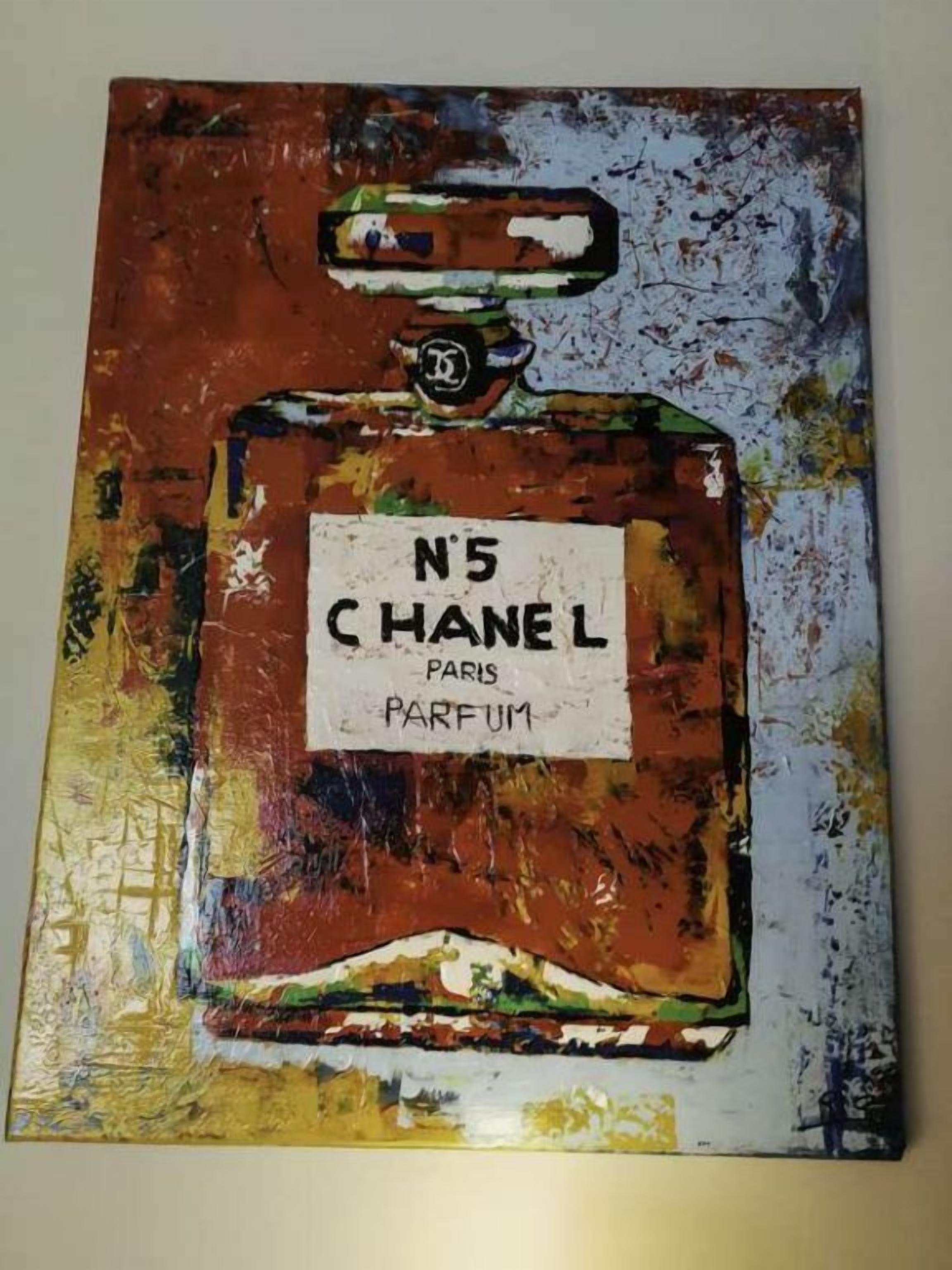 A painting of a perfume bottle with the label "N°5 CHANEL PARIS PARFUM".