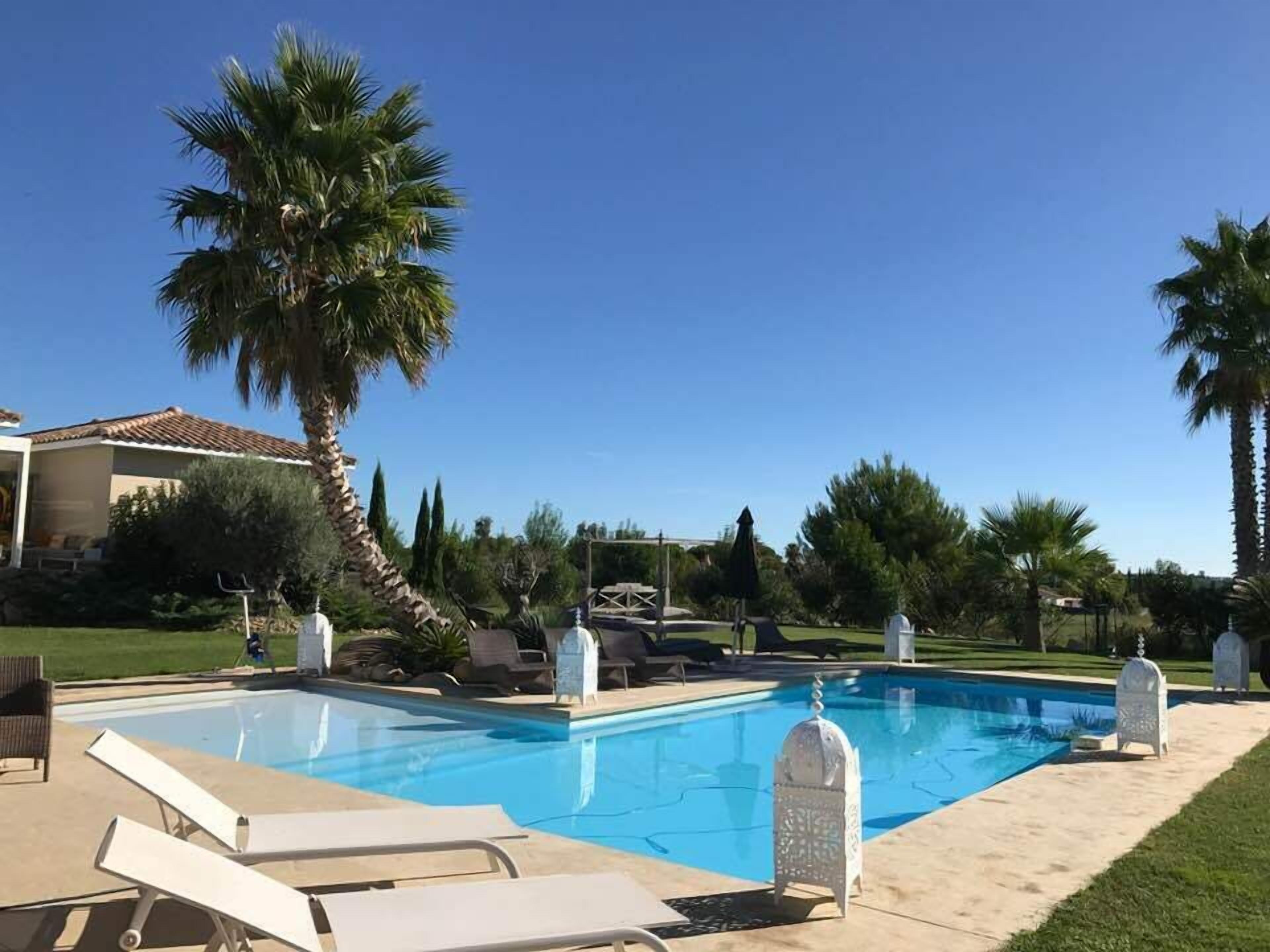 Una piscina con sillas de descanso y palmeras.