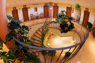 Una escalera de caracol con barandilla, rodeada de macetas con plantas y puertas de madera.
