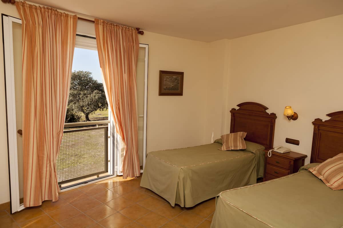A bedroom with two beds, a wooden headboard, a bedside table with a lamp, and a view through a door to an outdoor area.