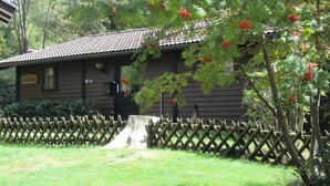 A rustic wooden building with a tiled roof, a sign reading "Aquarium," and a fenced area with a tree stump.