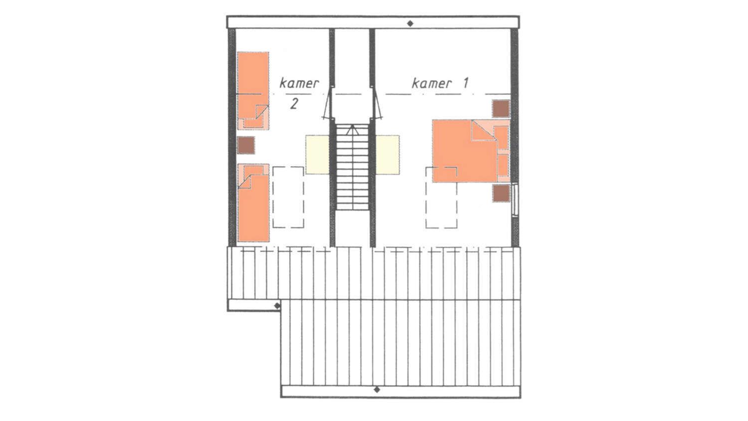Een plattegrond met twee kamers, aangeduid als 'kamer', en een centrale gang.