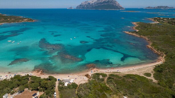 An aerial view of a coastal area with clear turquoise waters, a sandy beach, and a small rocky island in the distance. - AffittaSardegna - Casa Coppia 3 (Olbia)