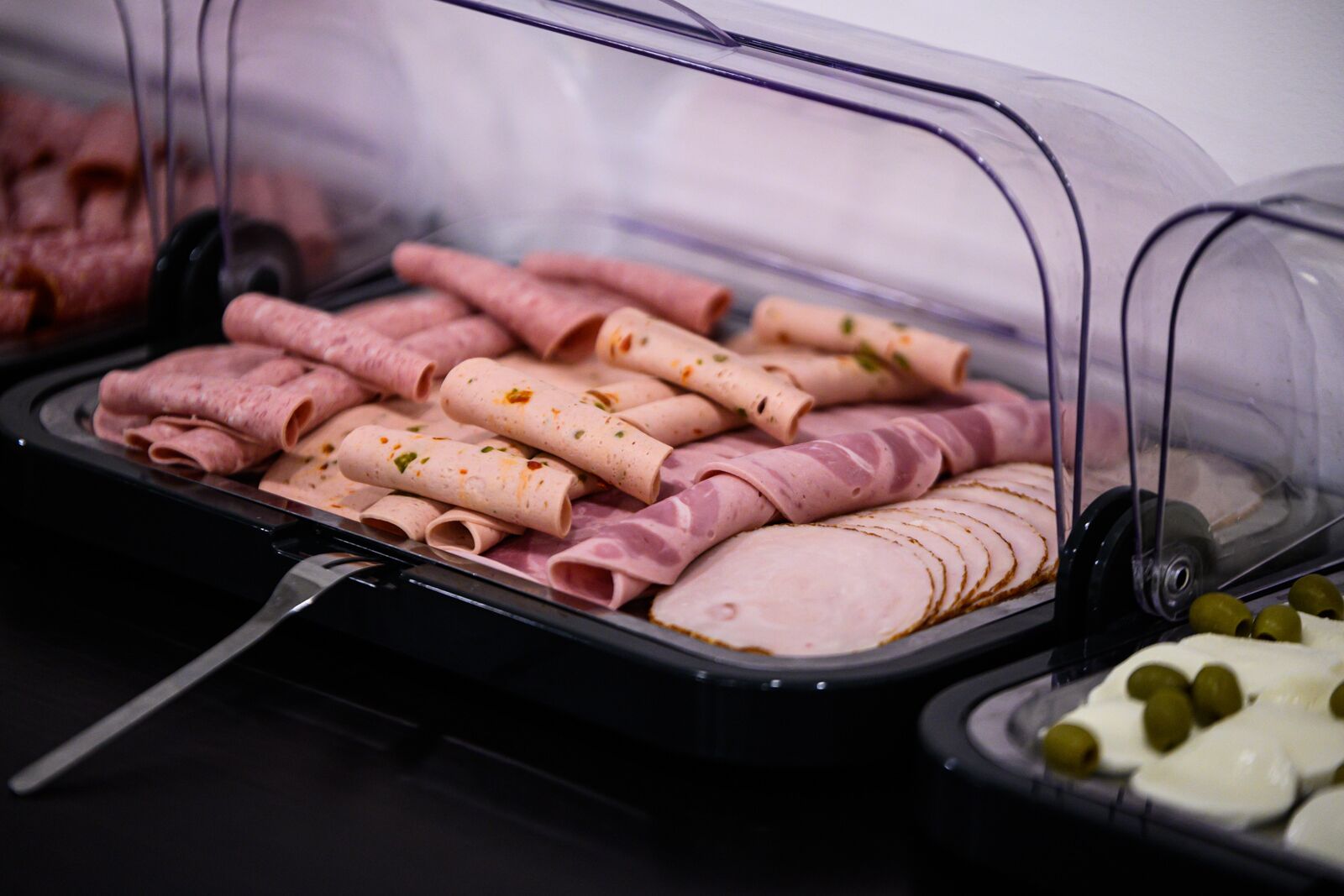 A buffet with various meats and cheeses, including rolled meats and sliced meats.