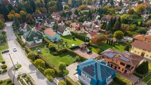An aerial view of a residential area with houses, roads, and greenery. - Pine Wood Apartment 8 (Zalakaros)