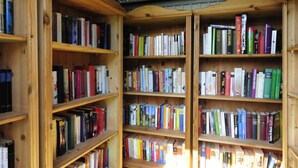 Una estantería de madera llena de varios libros.