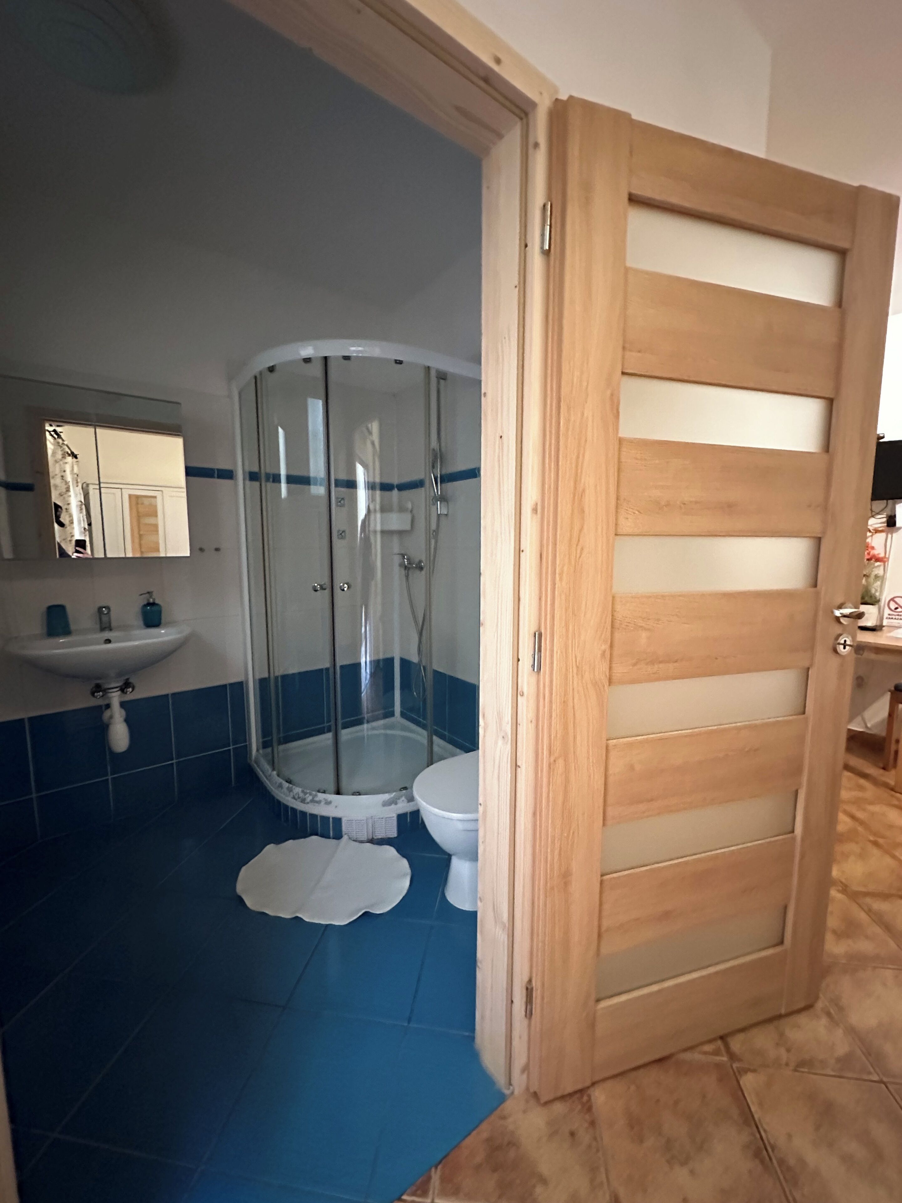 Un baño con ducha de vidrio, lavamanos e inodoro.