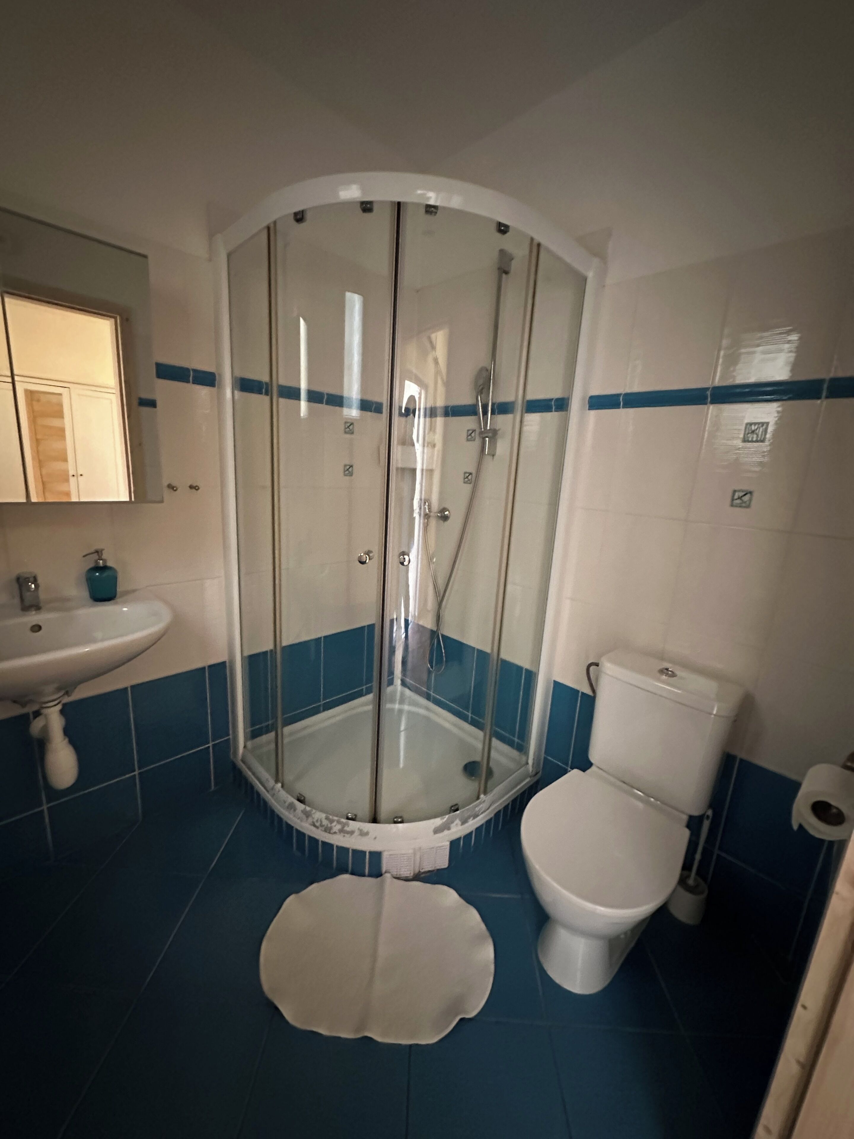 Een badkamer met een douchecabine van glas, een wastafel en een toilet.