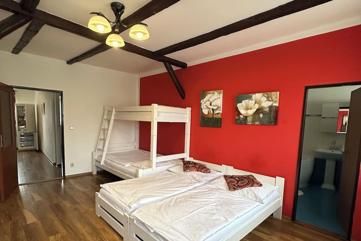 Une chambre avec un lit superposé, un bureau et une chaise.
