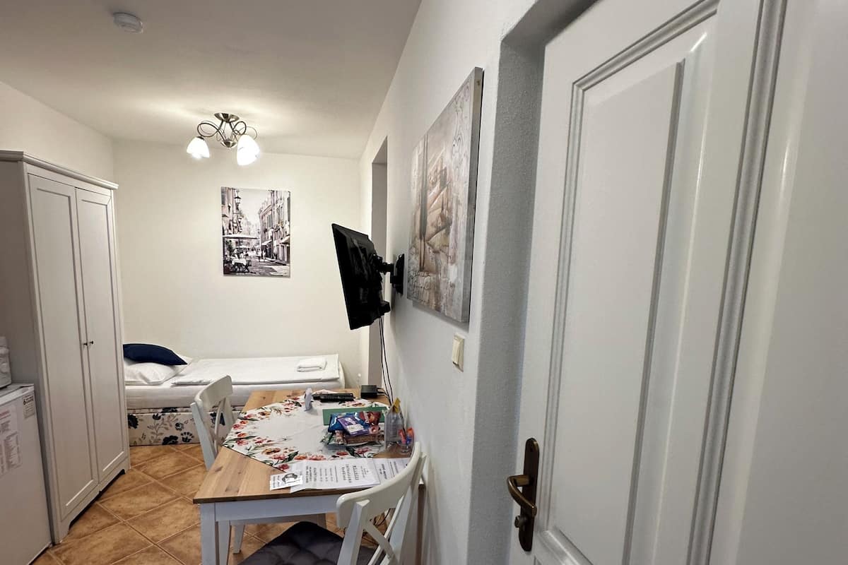 Une pièce de taille modeste comprenant une table à manger, des chaises, un lit, un téléviseur et une porte.