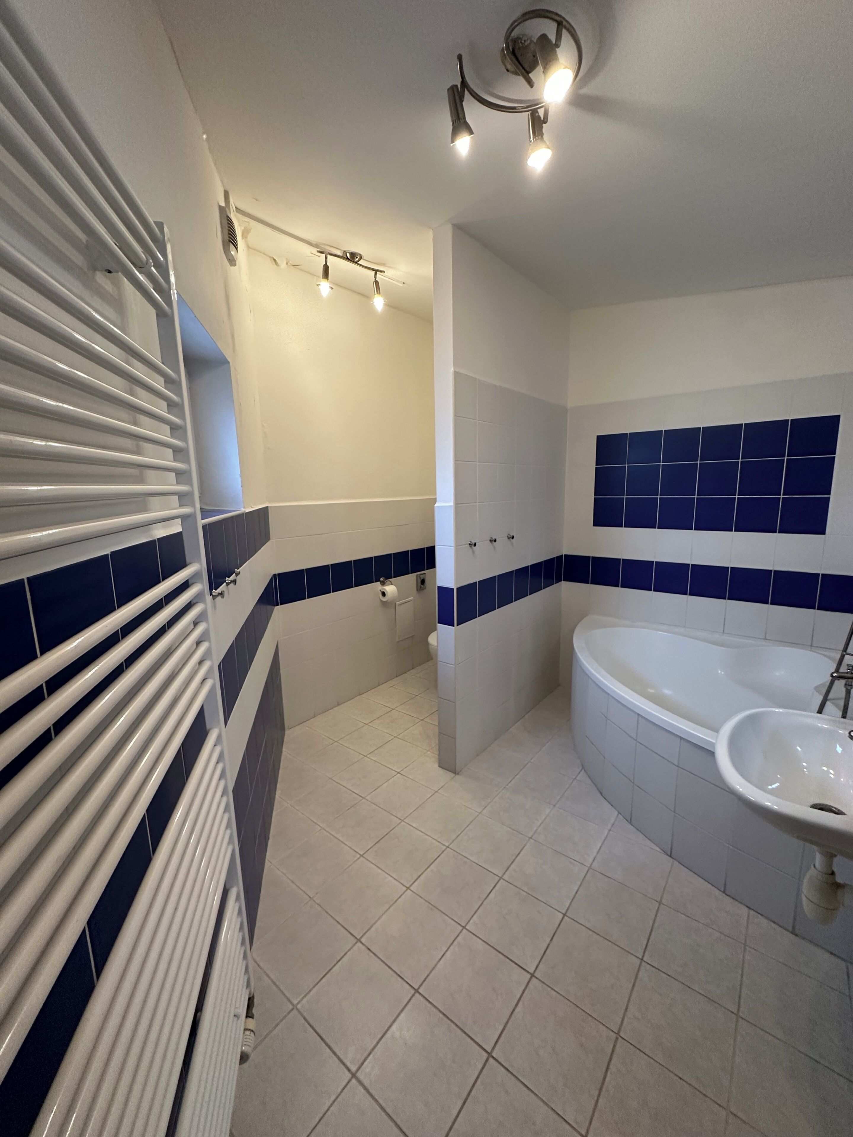 A bathroom with a bathtub, a sink, a toilet, and a shower area.