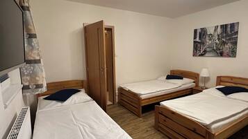 Quarto com quatro camas de madeira, um ventilador de teto, uma TV fixada na parede e um quadro de uma paisagem urbana.