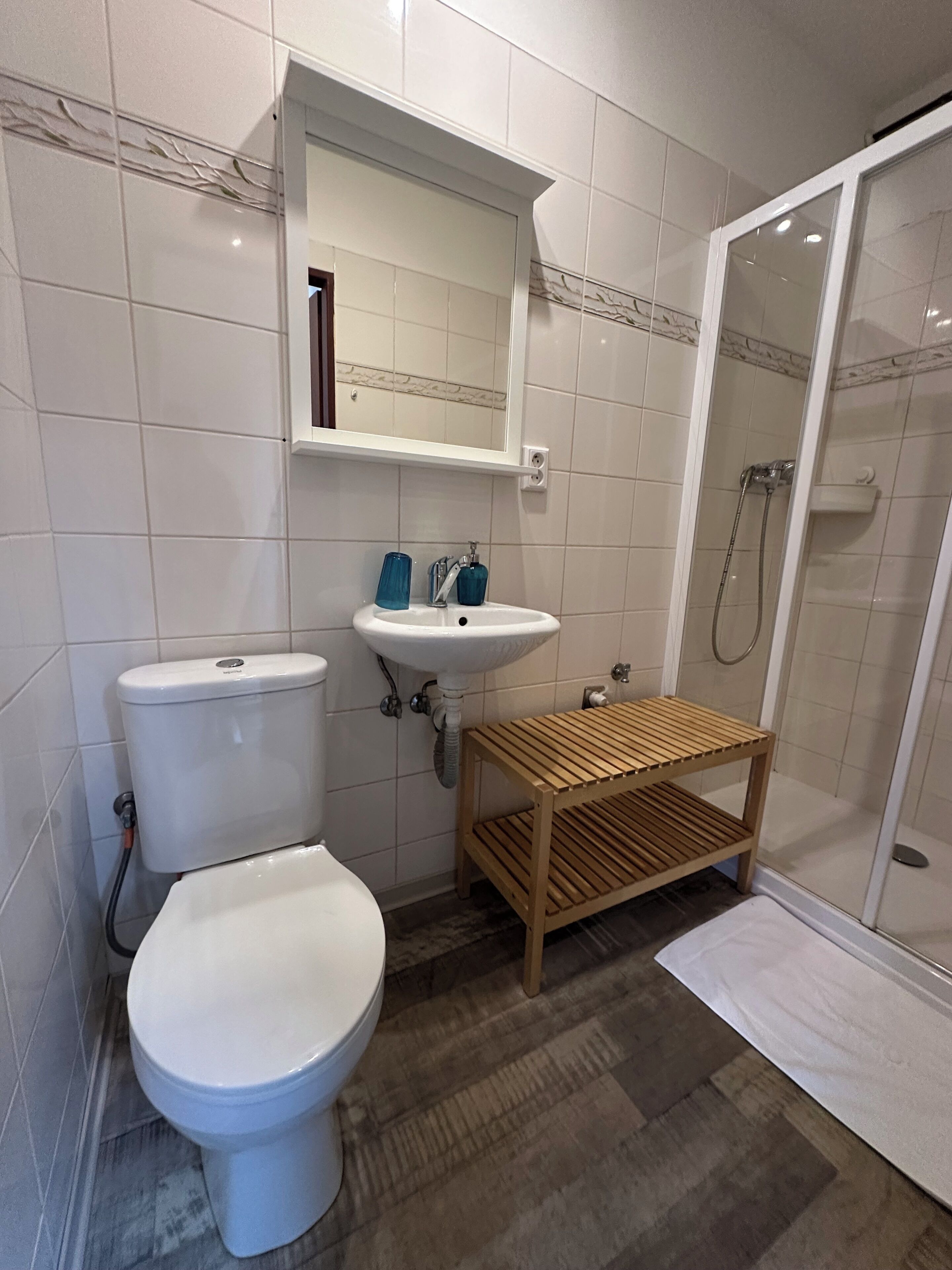 Un baño con inodoro, lavabo y ducha.