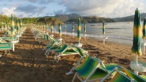Una playa con hileras de sillas y sombrillas verdes y blancas, orilla arenosa y un cuerpo de agua con barcos a lo lejos.
