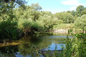 A serene river surrounded by dense greenery and trees. - Restaurant Niedmühle Land & Genuss Hotel (Rehlingen-Siersburg)
