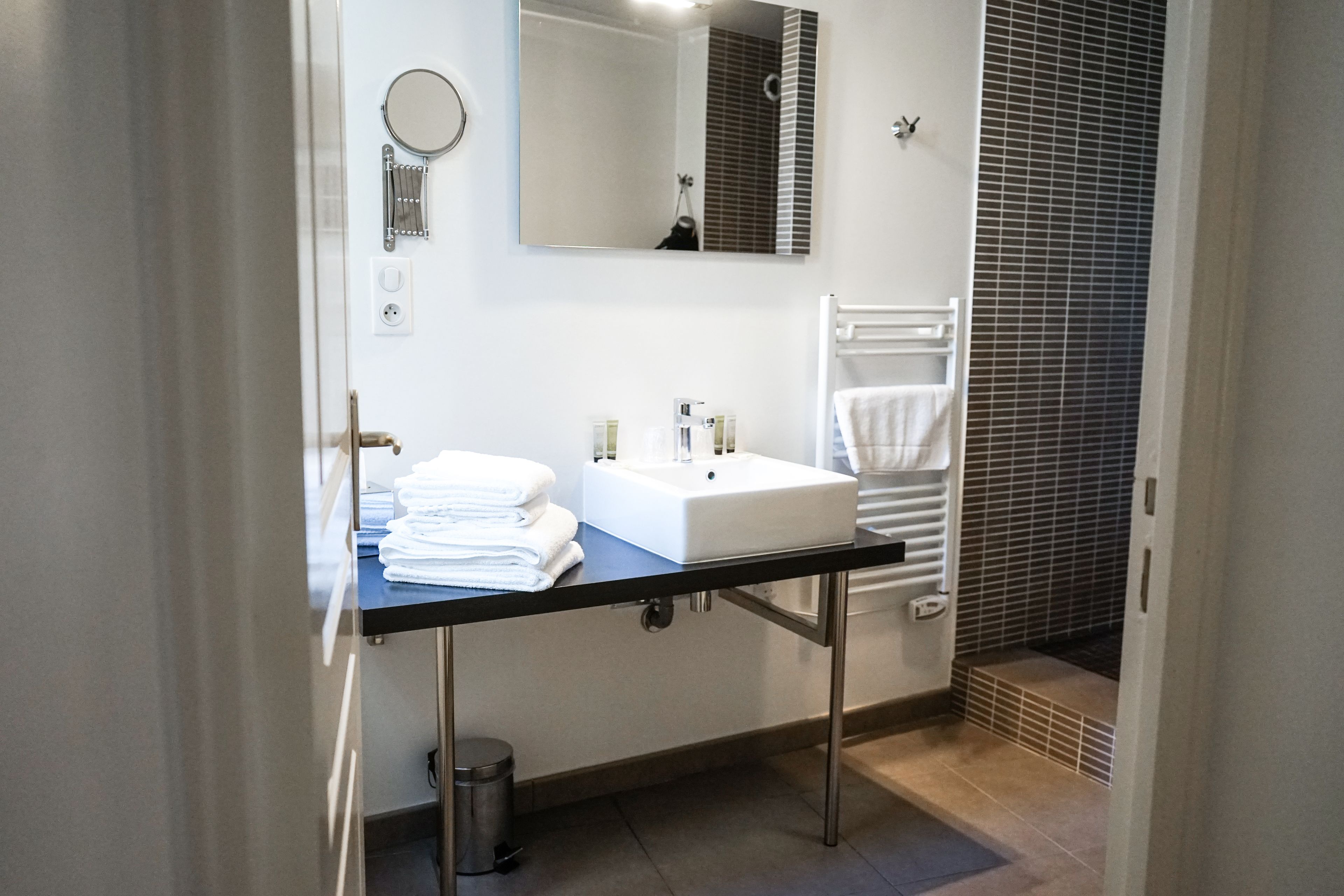 superior double room | bathroom | shower, free toiletries, hair dryer, towels