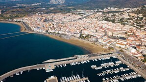 An aerial view of a coastal town with a marina, buildings, and mountains in the background.