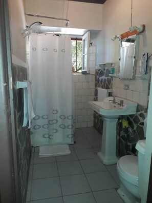 A bathroom with a shower, sink, and toilet. - A Hotel Boutique Pelluhue (Pelluhue)