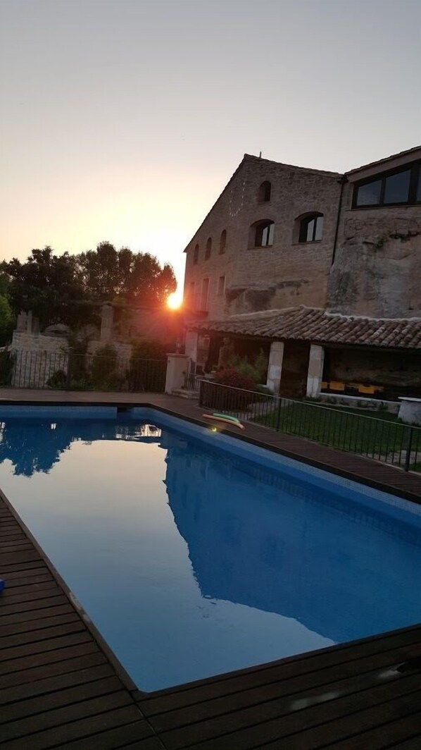 Outdoor pool, pool umbrellas, pool loungers