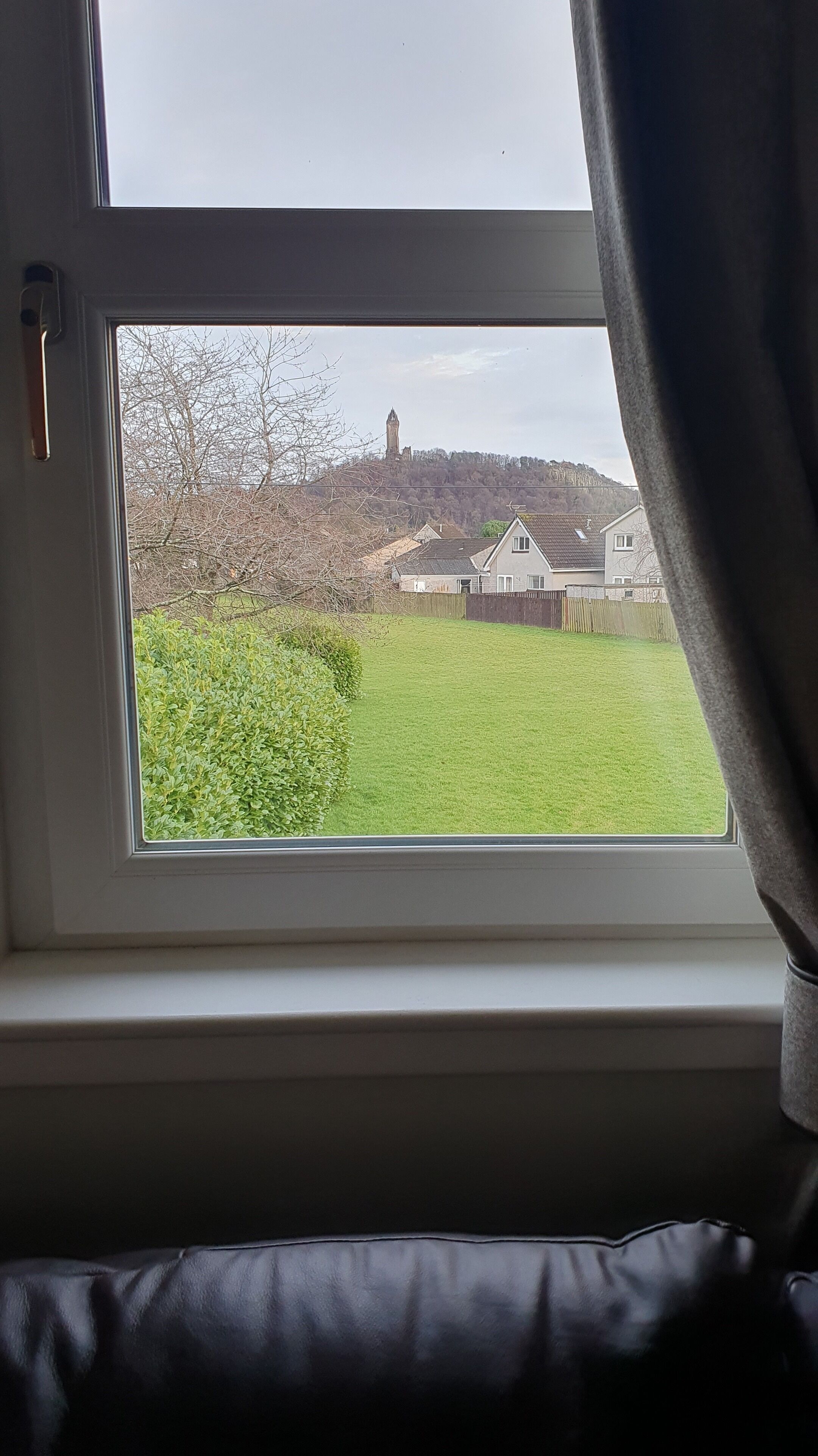 A window with a view of a grassy yard and a hill with buildings.