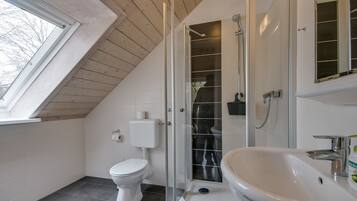 Een moderne badkamer met dakraam, douchecabine van glas, toilet en wastafel.