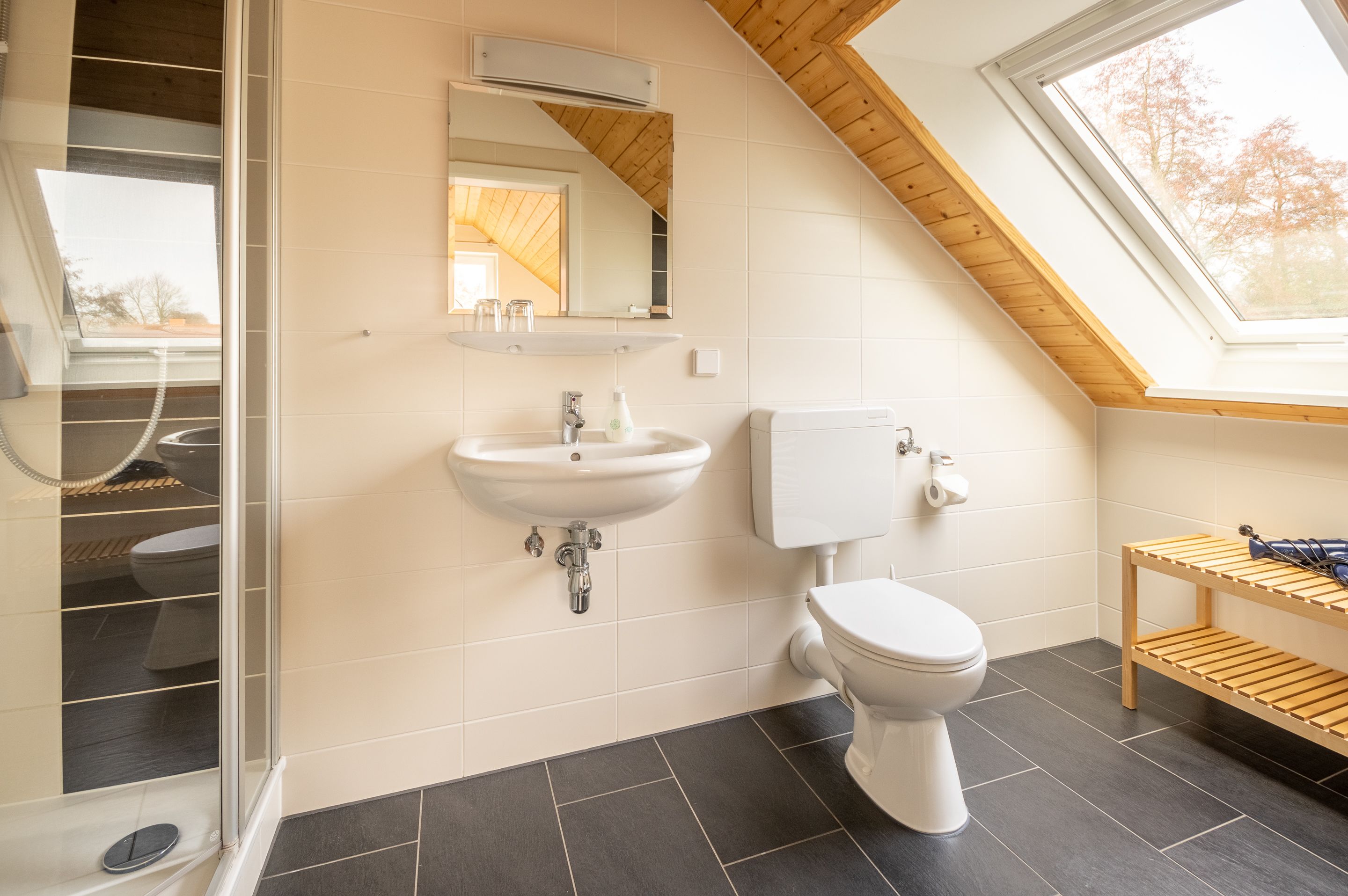 double room | bathroom | shower, hair dryer, towels