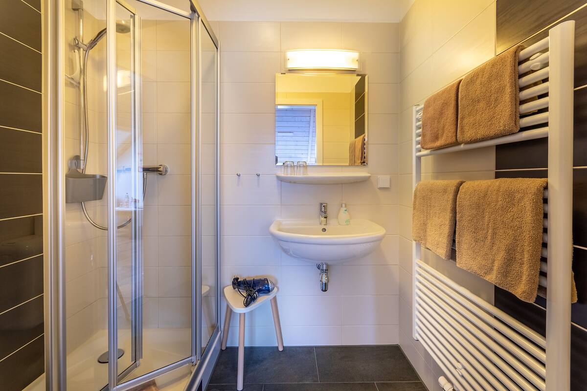 double room | bathroom | shower, hair dryer, towels
