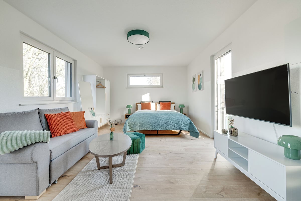 A modern bedroom with a bed, a sofa, a TV, and a window.